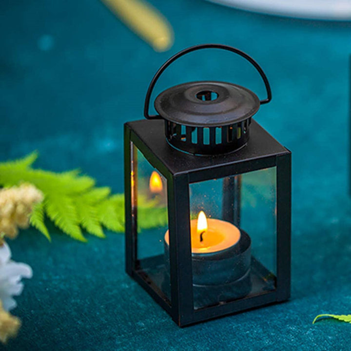 Mini Metal Tea Light Lantern with Glass Panels and Foldable Carry Handle Kalsten