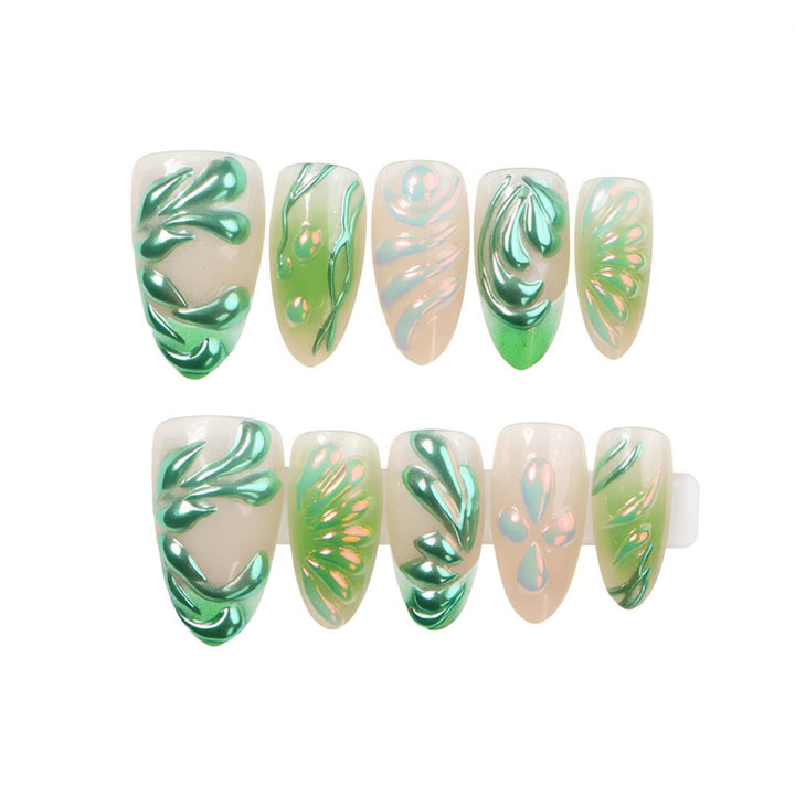Artistic Press-On Nail Set with Leaf Design Kalsten