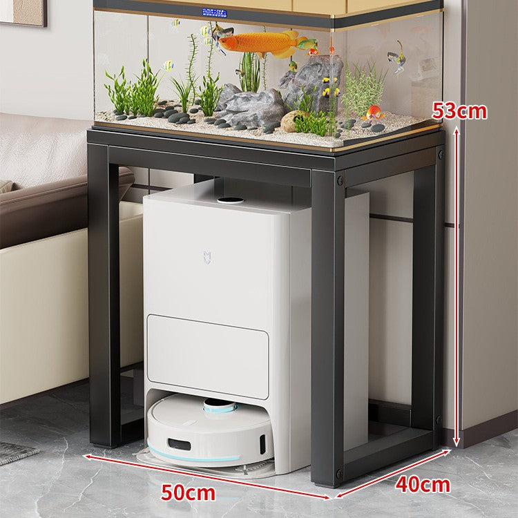Gold Metal Aquarium Console Table with Faux Marble Top and Robot Vacuum Storage