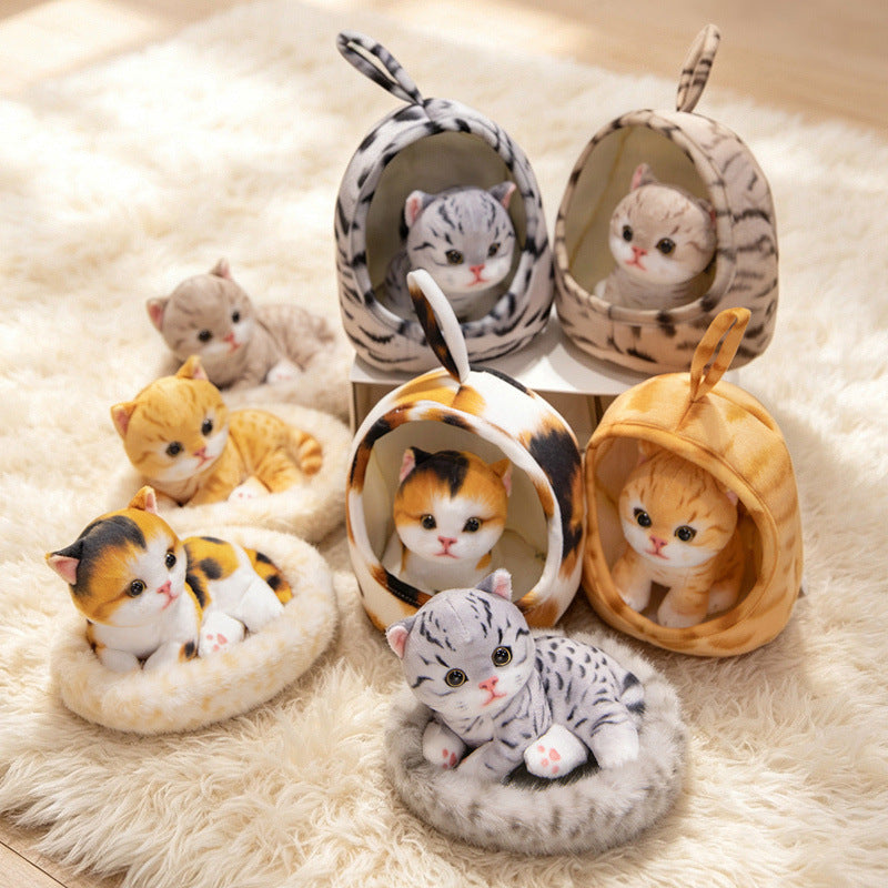 Mini Plush Calico Cat in Plush Cave Nest with Hanging Loop Kalsten