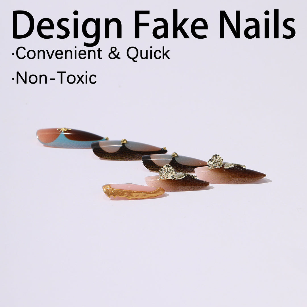 Artificial nail set with luxurious gold design and floral accents Kalsten