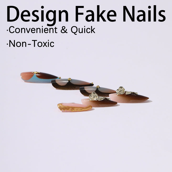 Artificial nail set with luxurious gold design and floral accents Kalsten