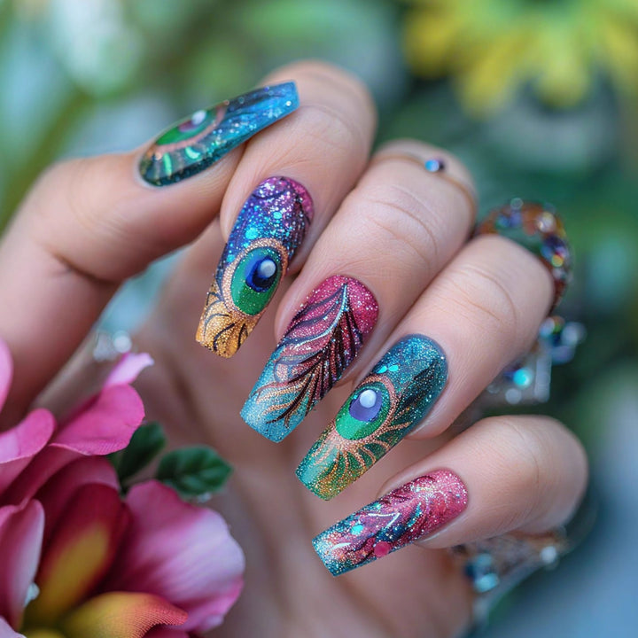 Artificial nails with detailed peacock feather motif Kalsten