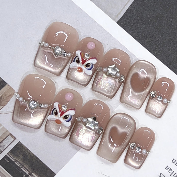 Artistic Press-On Nail Art Set with Heart and Gem Accents Kalsten