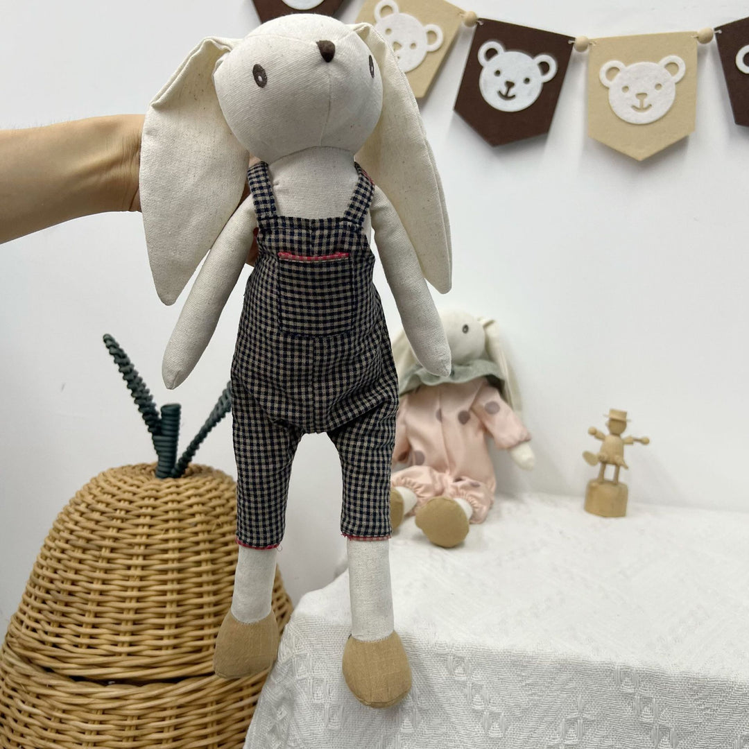 Plush Linen Bunny Doll with Long Ears Bow Tie and Removable Check Overalls