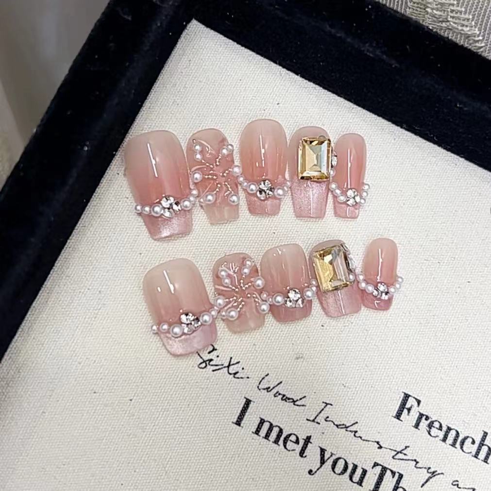 Elegant Press-On Nail Art Set with Pearl and Rhinestone Accents Kalsten