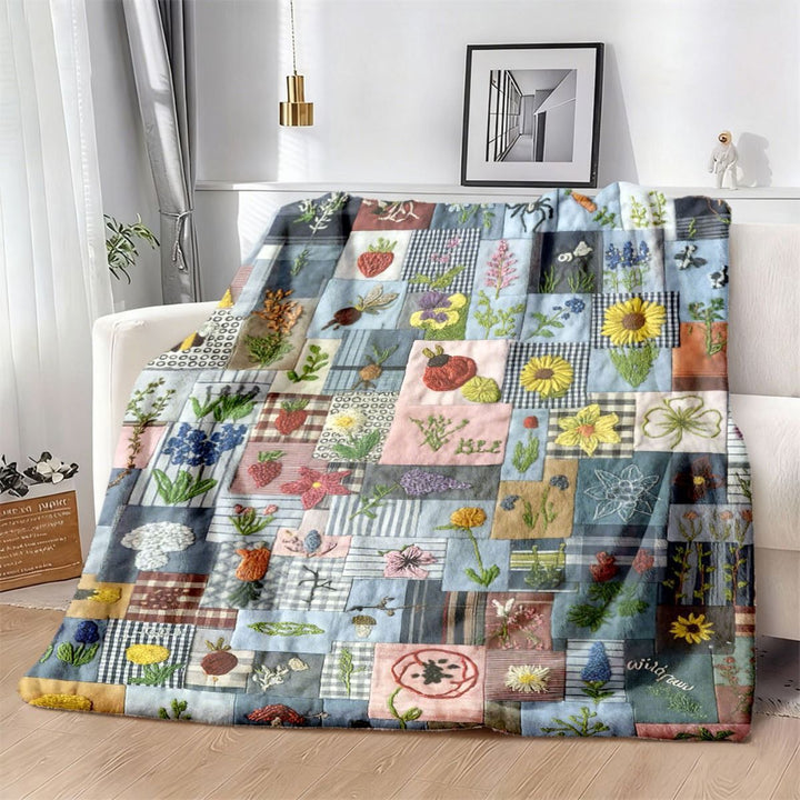 Floral Patchwork Embroidered Throw Blanket