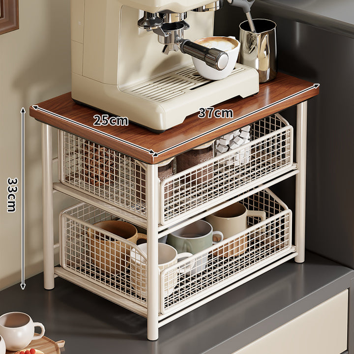 Compact Two-Tier Countertop Coffee Station Organizer with Wooden Top and Slide-Out Wire Mesh Baskets