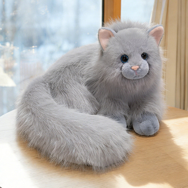 Realistic Long-Haired Plush Cat Decorative Cuddle Toy with Oversized Fluffy Tail Kalsten