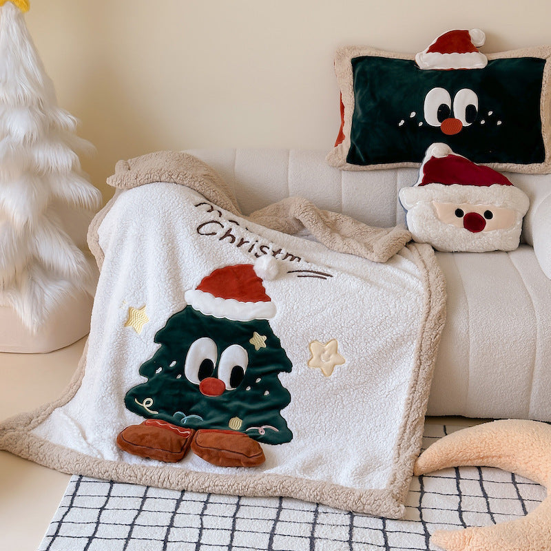 Cozy Christmas throw blanket with appliquéd Christmas tree motif and Sherpa lining