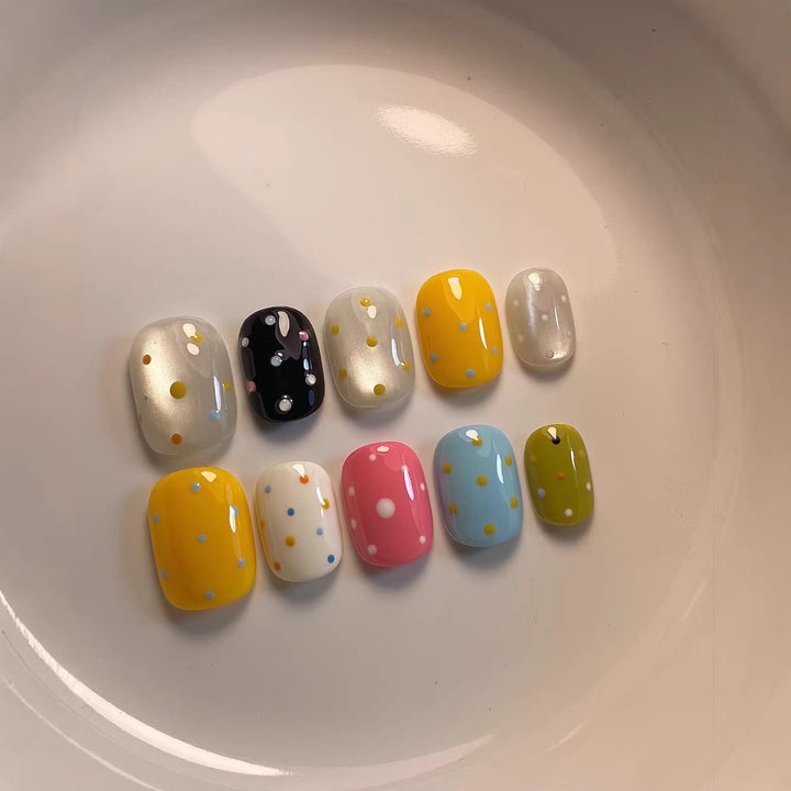 Artistic Press-On Nail Set with Colorful Dot Patterns