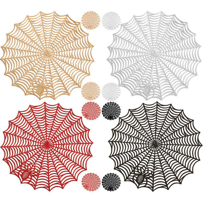 Round filigree spider web placemat made of heat- and water-repellent PVC for table decoration