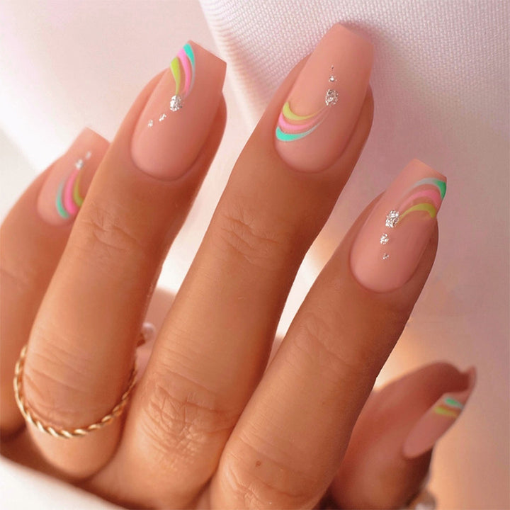 Artistic Press-On Nail Set with Colorful Wave Patterns kalsten