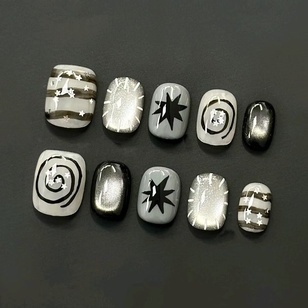 Artistic Press-On Nail Set with Geometric Designs Kalsten