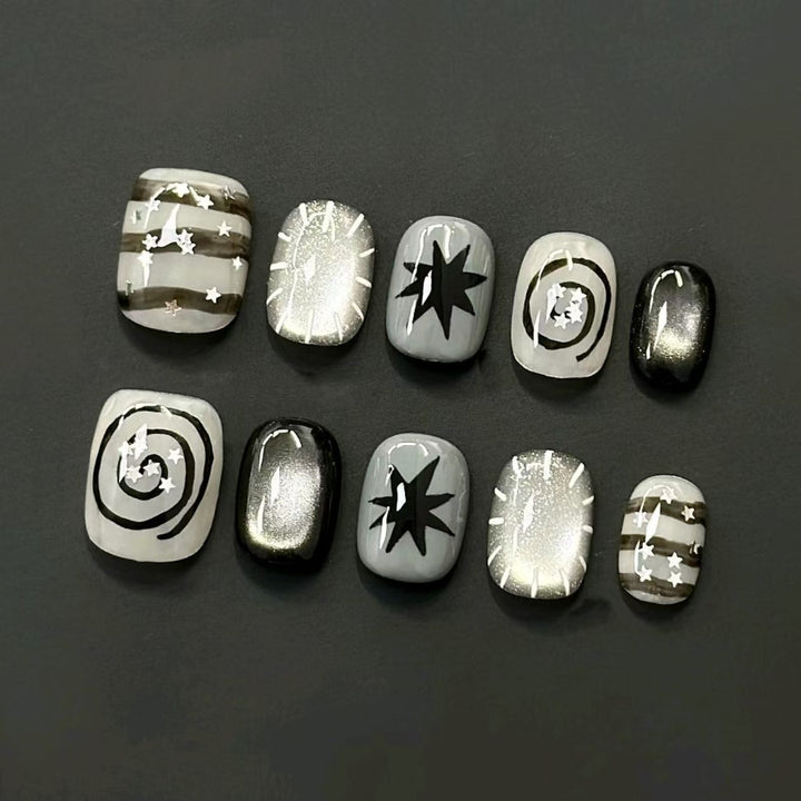 Artistic Press-On Nail Set with Geometric Designs Kalsten
