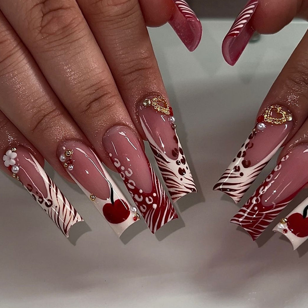 Decorative Long Press-On Nail Art with Gem Accents Kalsten