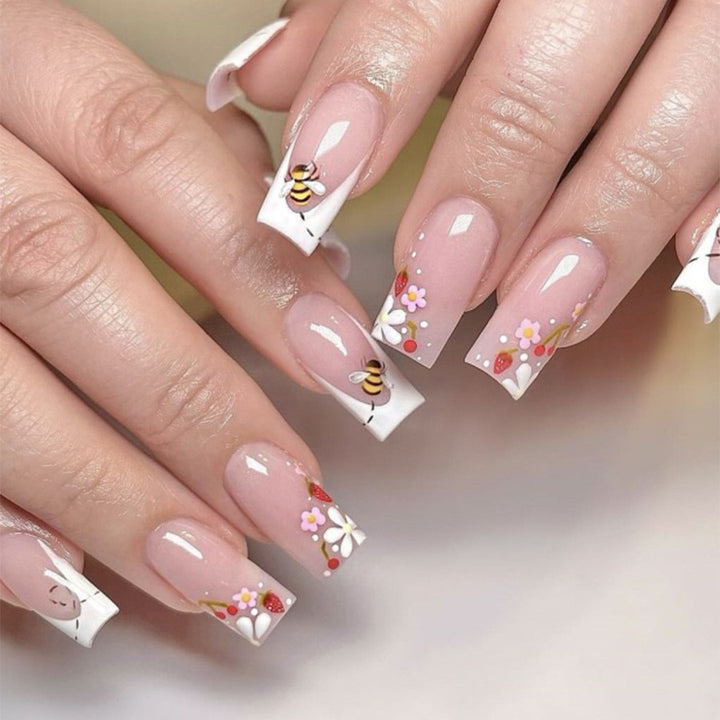 Artificial nail set with colorful flowers and creative French design Kalsten