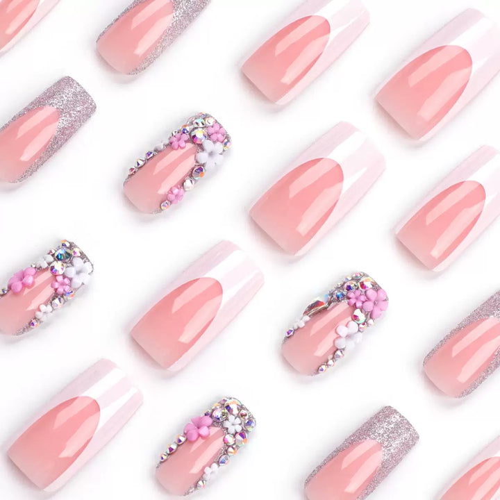 Artificial nail set with elegant 3D flowers and glitter embellishments Kalsten