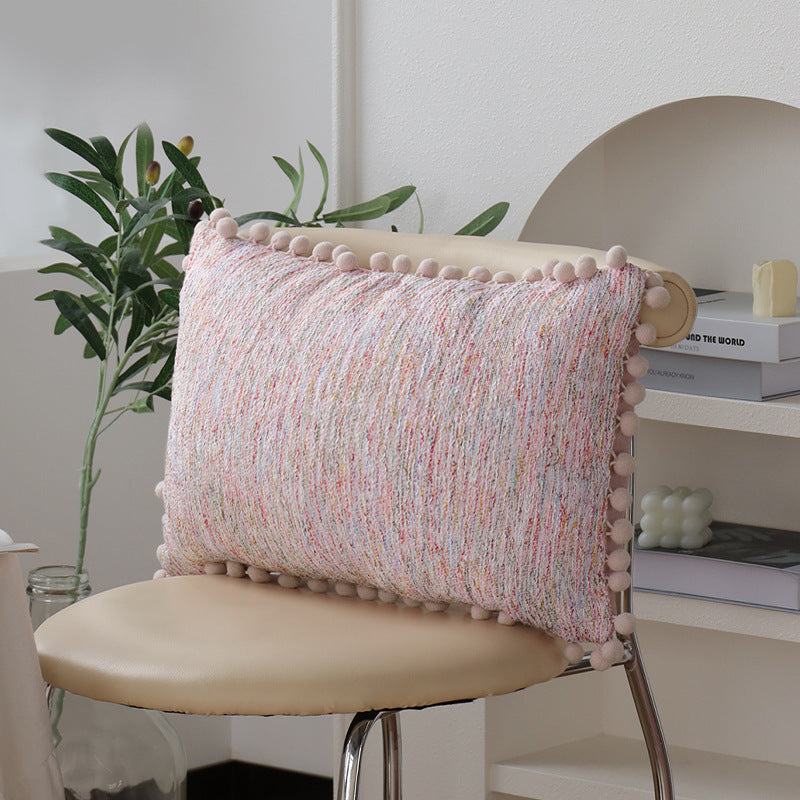 Rectangular decorative pillowcase with mottled chenille structure and pompom trim Kalsten