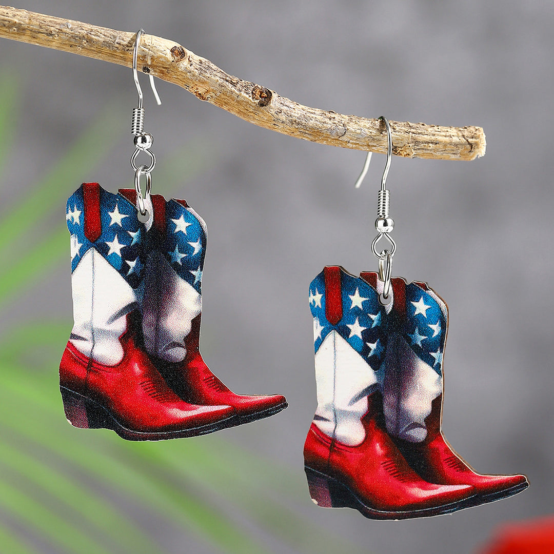 Ladies nan cowboy boots earrings with flag pattern made of lightweight wood Kalsten