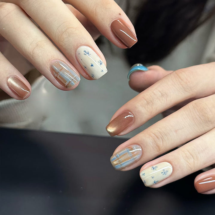 Artistic Press-On Nail Set with Botanical and Plaid Designs Kalsten