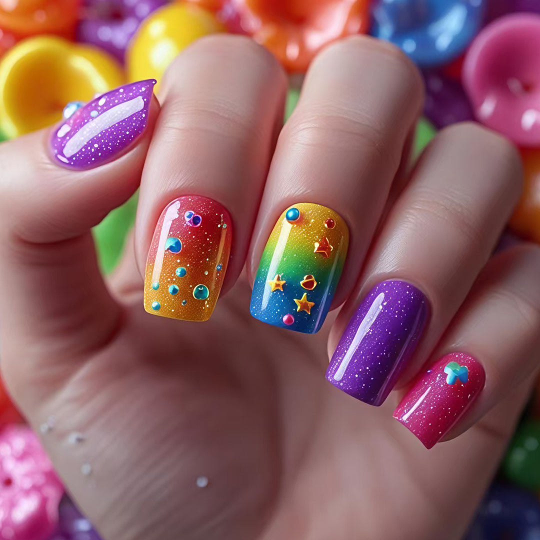 Creative art nails with sparkling rainbow design and 3D applications Kalsten