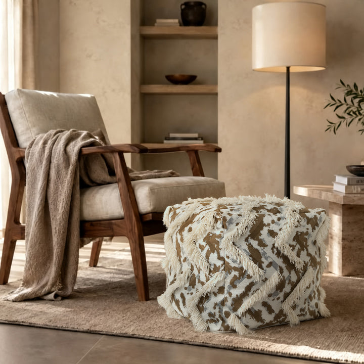 Filled floor seat pouf in ethnic jacquard with decorative fringes Kalsten