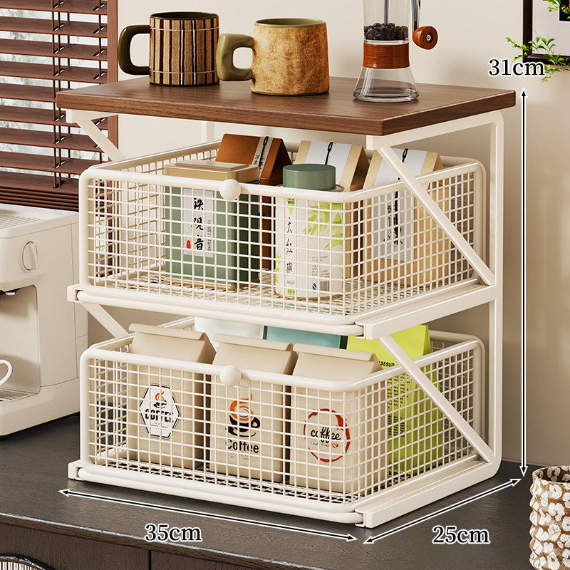 Countertop Coffee Station Organizer with Wooden Top and Metal Wire Basket