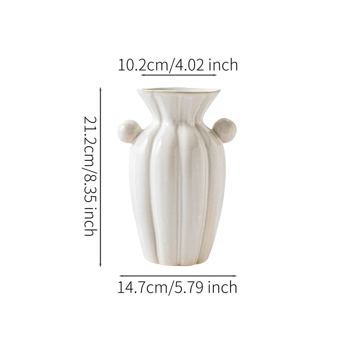Hand-crafted fluted ceramic decorative vase with sculpted side handles
