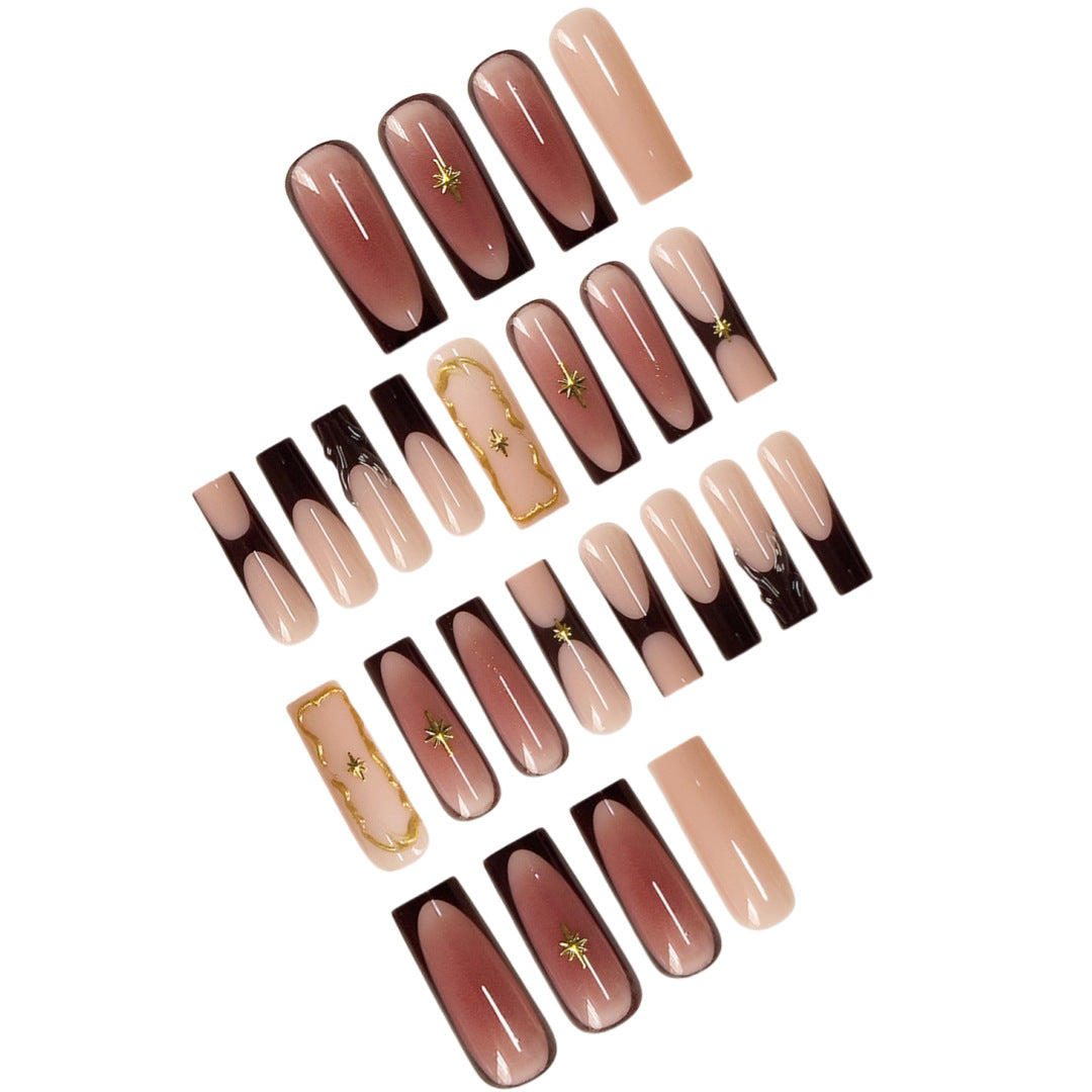 Artistic Long Press-On Nail Art Extensions with Gold Detailing Kalsten
