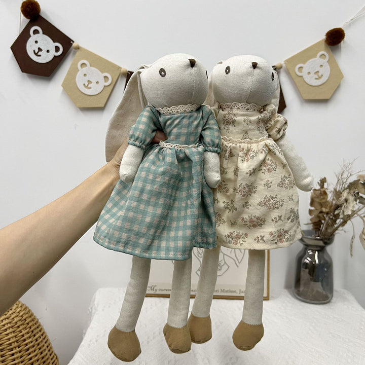 Plush Linen Bunny Doll with Long Ears Bow Tie and Removable Check Overalls