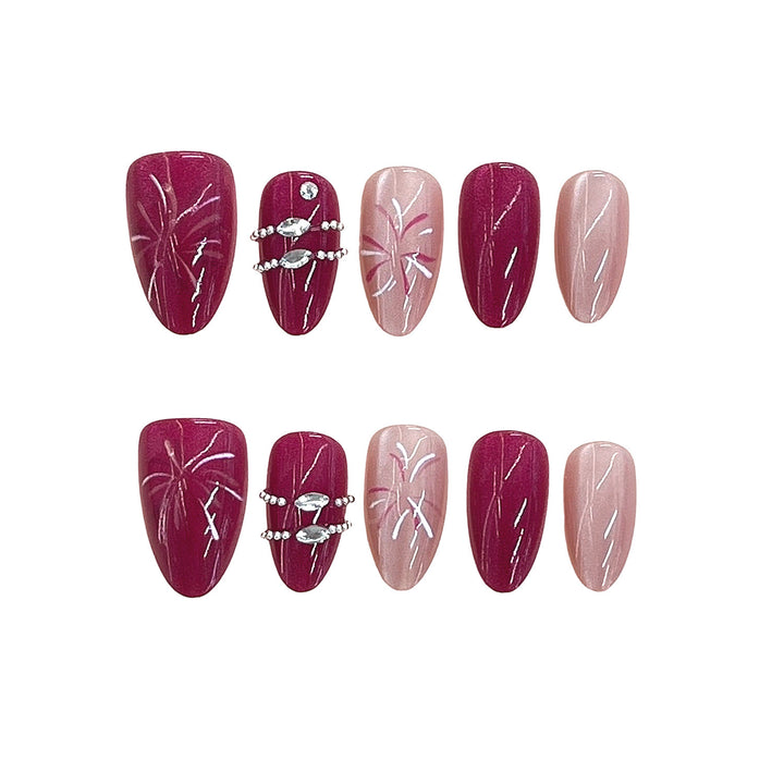 Artistic Press-On Nail Set with Floral Patterns and Gem Accents Kalsten