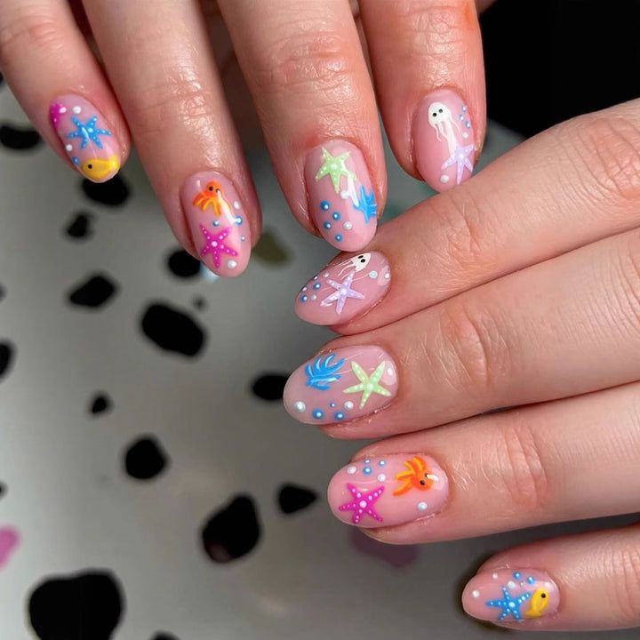 Acrylic nail set with maritime design and colorful 3D accents Kalsten