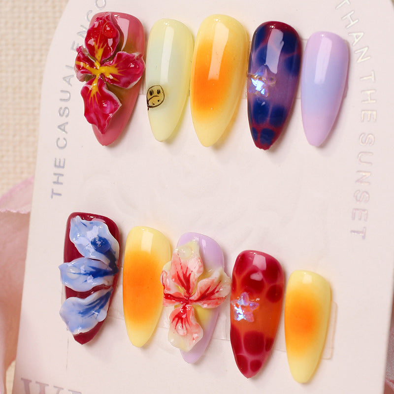 Artificial nail set with floral 3D accents and colorful designs Kalsten