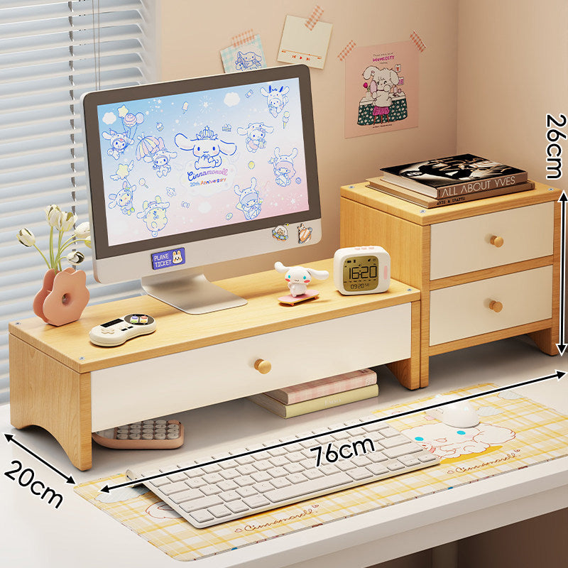 Dual-Height Wooden Monitor Riser and Desktop Organizer with Two Drawers