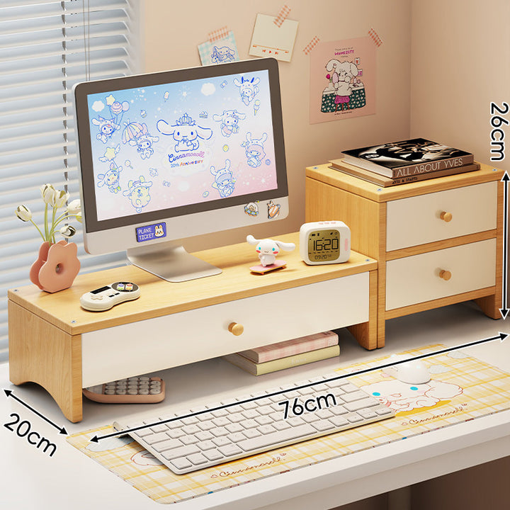 Dual-Height Wooden Monitor Riser and Desktop Organizer with Two Drawers