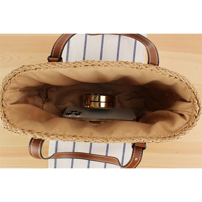 Handbag Made of Handwoven Straw with Elegant Faux Leather Handles Kalsten