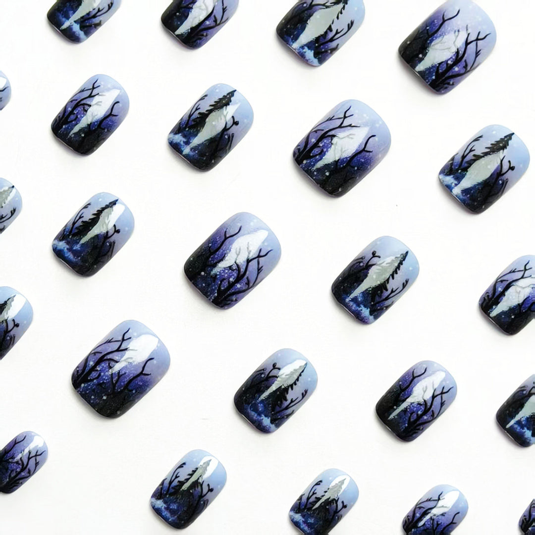 Artificial nail art with winter forest motif Kalsten