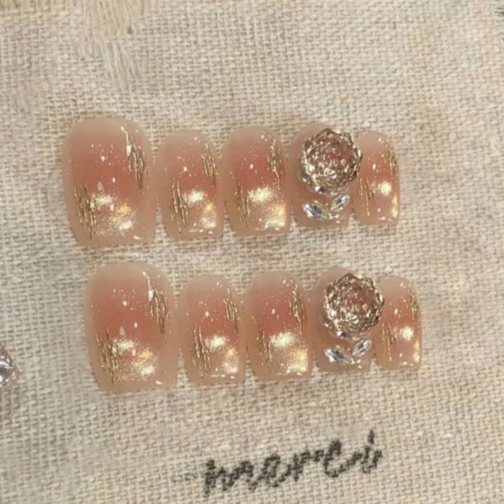 Glamorous Press-On Nail Art Set with Floral Accents