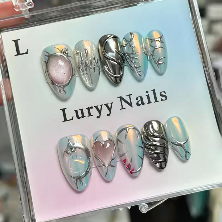 Artistic Press-On Nail Art Set with Silver and Crystal Accents Kalsten