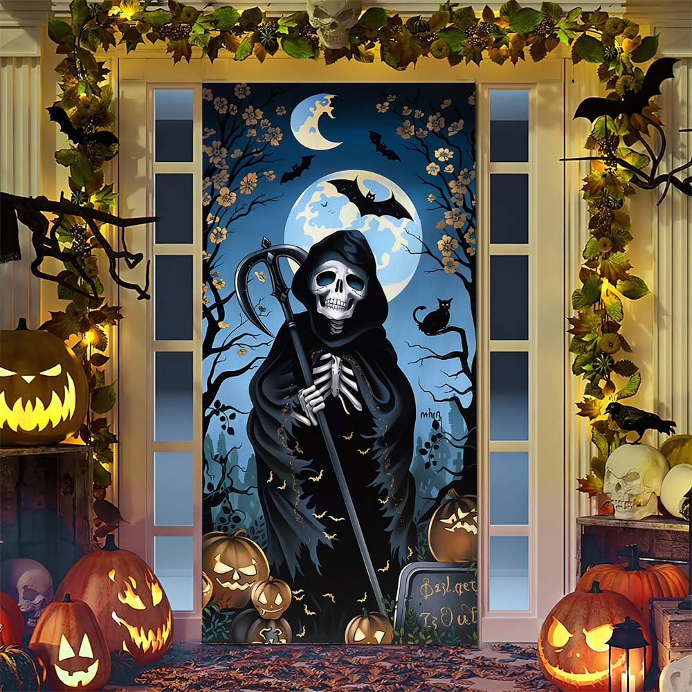 Halloween door poster with large-format Grim Reaper illustration and reusable PVC tarp fabric