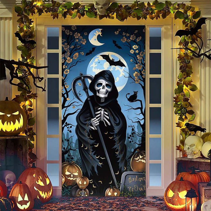 Halloween door poster with large-format Grim Reaper illustration and reusable PVC tarp fabric