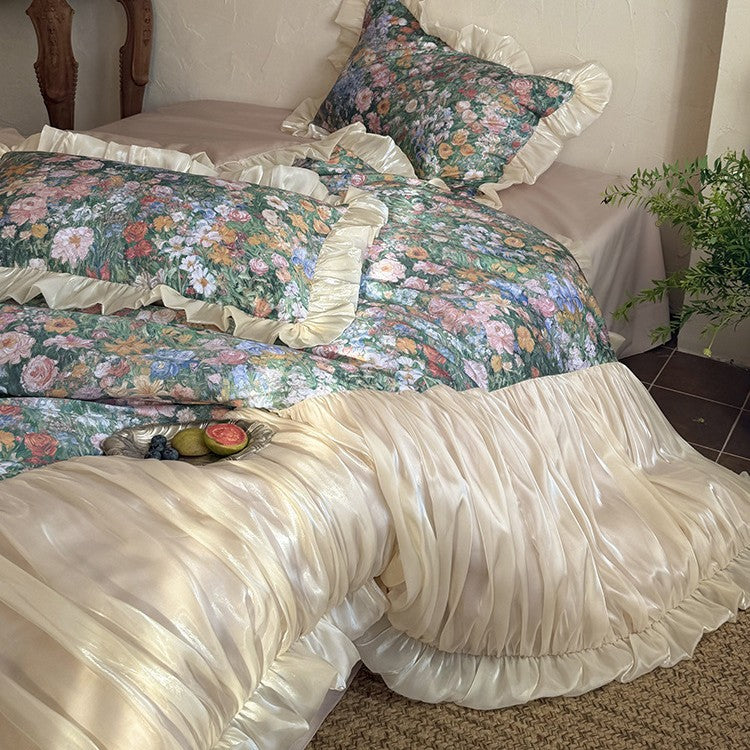 Floral bedding set with vintage painting print, ruffled pillow and gathered bedspread
