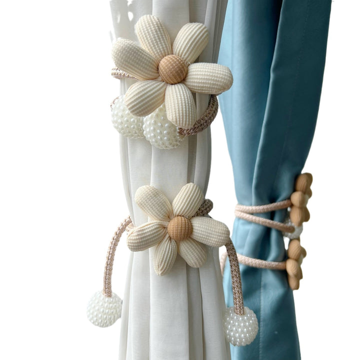 Decorative Magnetic Curtain Tieback with Fabric Flower and Pearl Bead Tassels
