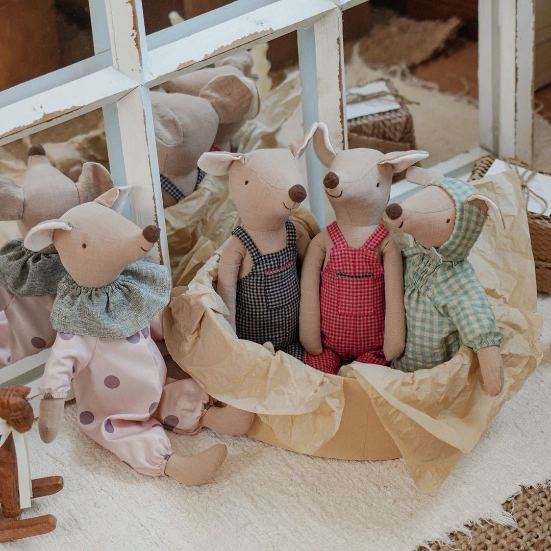 Handmade Linen Plush Mouse Doll with Gingham Overalls