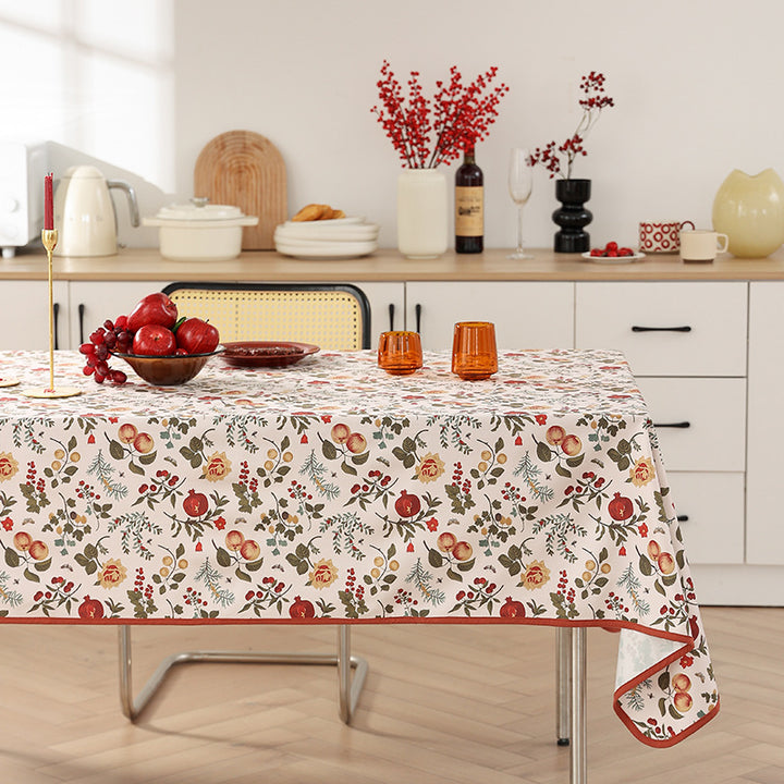 Coated tablecloth in country house style with botanical print and fine hem Kalsten