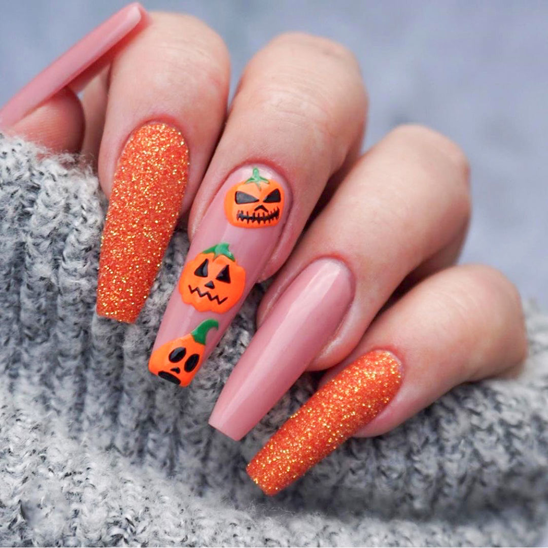Pumpkin-Themed Stiletto Nail Art Extensions Kalsten