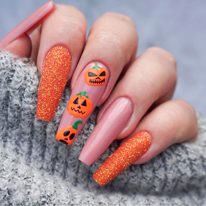 Pumpkin-Themed Stiletto Nail Art Extensions Kalsten