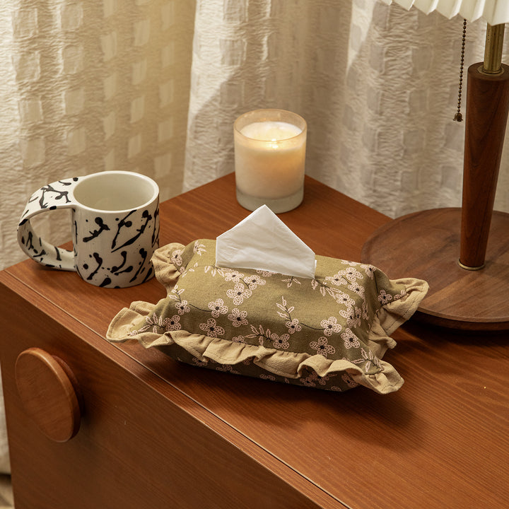 Romantic fabric tissue box cover with ruffles and floral print Kalsten