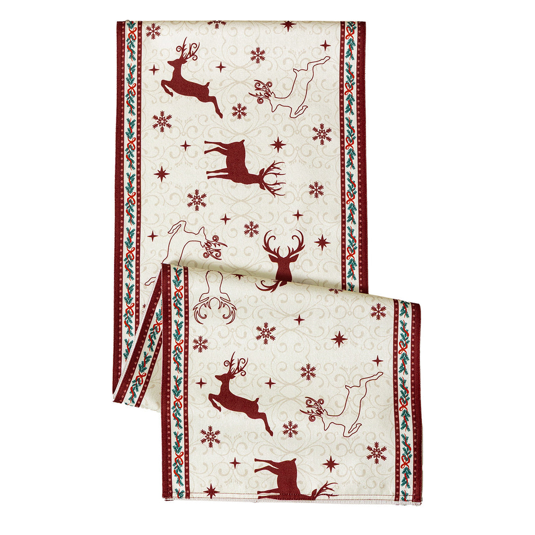 Table runner made of cotton blend fabric with a Christmas reindeer and star motif Kalsten